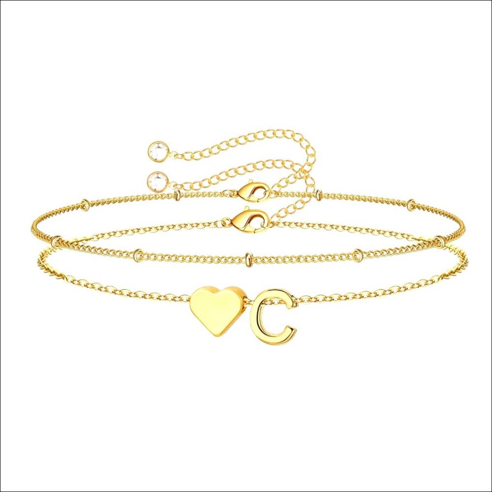 14K-Gold-Plated Heart Initial Charm Bracelet Adjustable Dainty